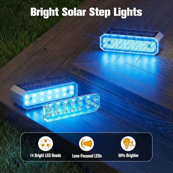 NIORSUN Blue Solar Step Lights for Pool, Deck, Dock & Stairs, 8 Pack Cool Blue Outdoor Lighting - Auto On/Off, IP67 Waterproof