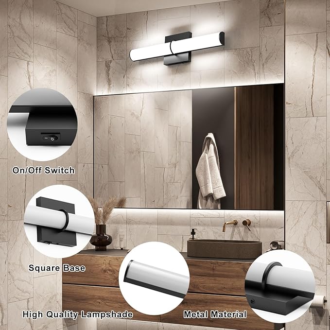 OOWOLF 2Pack 17.3Inch Black Vanity Light Fixture with Switch, 12W 5000K Led Bathroom Light Fixture Over Mirror, Hardwired Wall Light, 1200LM Vanity Light Bar for Mirror Bedroom Hallway Living Room