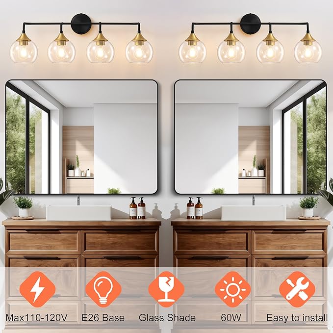 Bathroom Vanity Light with Clear Glass Shade, E26 Base, 31 Inch Vanity Lighting Fixtures Over Mirror, Vanity Lights for Bathroom (Exclude E26 Bulb) - Black and Gold, 4-Lights