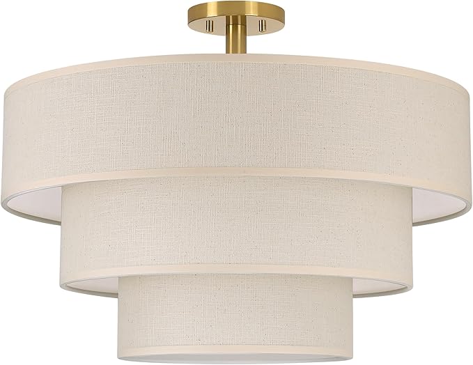3 Tier 24" White Cream Drum Fabric Semi Flush Mount Light Modern Farmhouse Decor 7 Light Gold Finish for Kitchen Living Room Dining Room Corridor Hallway