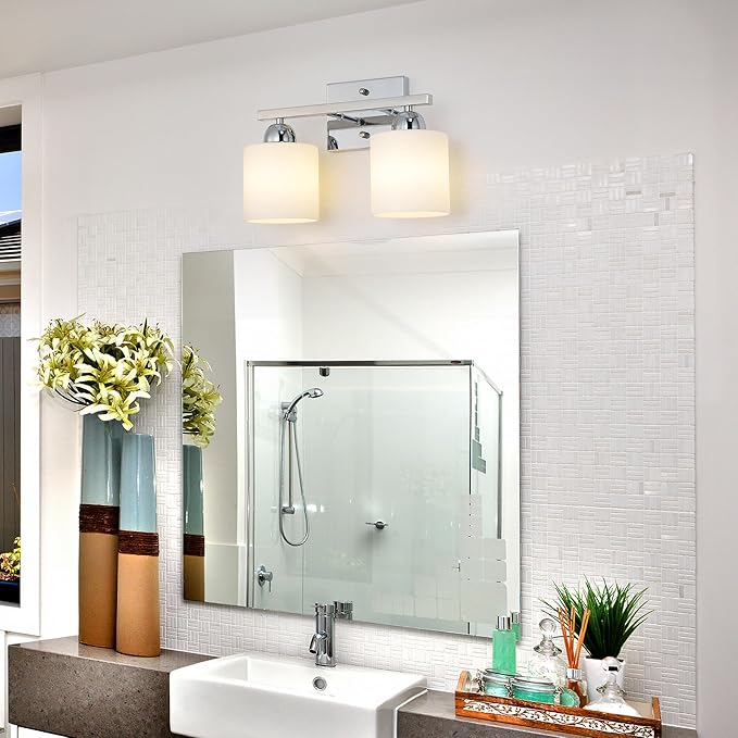 Mecgirn Stainless Steel Milk Glass Vanity Lights for Bathroom, 2 Light Chrome Bathroom Light Fixtures Over Mirror, Ceramic E26 Sockets Wall Mounted