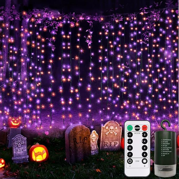 Halloween Battery Curtain Lights Purple Orange with Remote Timer 9.8×9.8ft