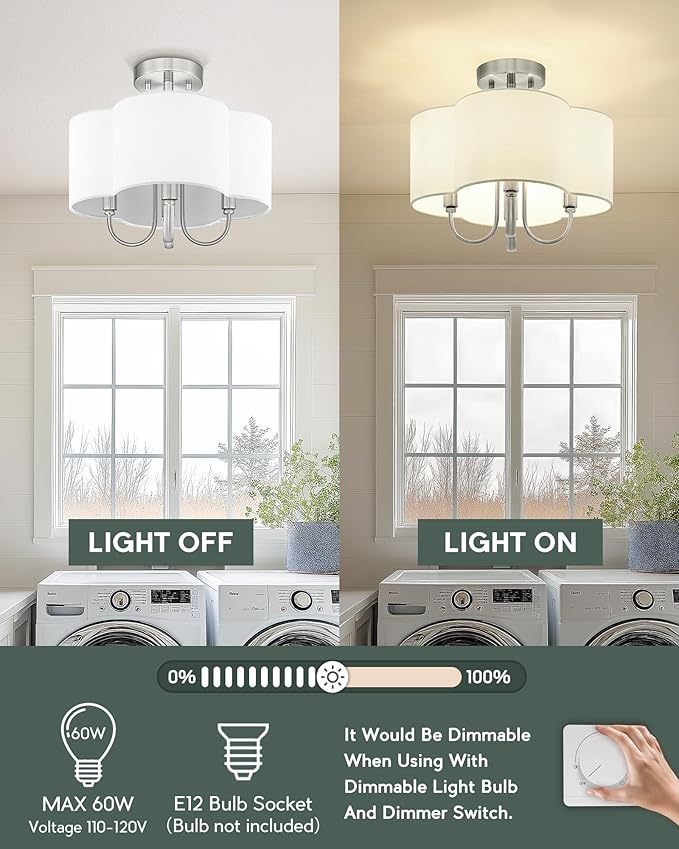4-Light Semi Flush Mount Ceiling Light, 13.5" Vintage Light Fixtures Ceiling Mount with Fabric Shade in Quatrefoil for Kitchen Entryway Hallway Bedroom, Brushed Nickel, SM179-BN