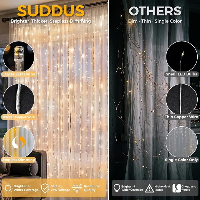 suddus Curtain Lights Outdoor, 450 LED Curtain Lights for Bedroom, Window, Wall, Wedding, Party,Warm White & White