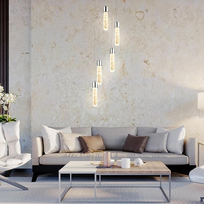 Vivio Lighting Modern Pendant Light Contemporary Ceiling Lights for Kitchen Island Bubble Crystal LED Adjustable Hanging Lights for Living Room Dining Room Entryway Chrome 4000K 5 Light