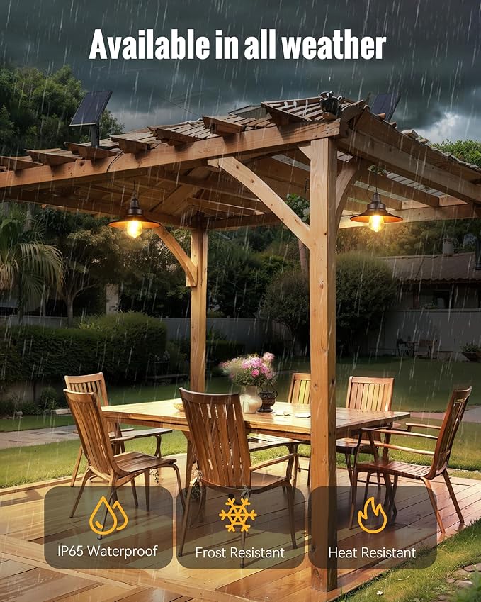 Solar Pendant Light Indoor Outdoor, Solar Shed Light IP65 Waterproof Metal Powered Chandelier, Gazebo Lights with Pull Cord for Garden, Chicken Coop, Gazebo, Barn, 2 Packs