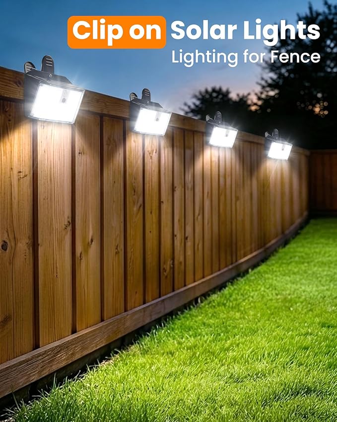 Clip on Solar Lights Outdoor, 176 LEDs 600 LM Solar Motion Sensor Lights Outdoor, IP65 Waterproof 3-Mode Clamp Light for Fence Patio Backyard Deck Garden (2 Pack)