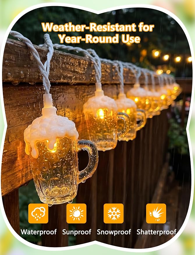 10 LED 3D Beer Mug String Lights Plug in | 8.5Ft Connectable Party Decor | Waterproof & UL Listed Safety, Up to 45 Strands, Summer Tropical Lighting for Luau Pool Tiki Patio Backyard Gathering
