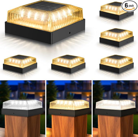 Solar Post Cap Lights, 6-Pack Fence Post Solar Lights for 4x4 Wood/Vinyl Posts, IP65 Waterproof, 10-12 Hours of Illumination with 3 Lighting Modes for Garden/Patio/Porch - Black