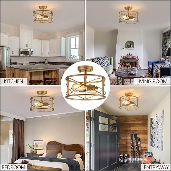Brushed Gold Semi Flush Ceiling Light Fixture, 2-Light Farmhouse Flush Mount Light Fixture, Modern Industrial Metal Cage Pendant Lighting for Hallway, Bedroom, Kitchen, Foyer, Living Room, Dining Room