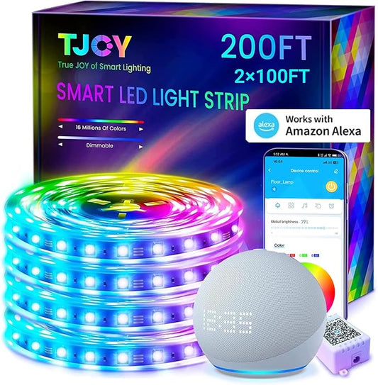 TJOY 200ft Smart Led Strip Lights for Bedroom, Compatible with Alexa and Google Assistant, RGB Color Changing Music Sync Led Lights, Multi-Color Wi-Fi Led Strip Lighting (APP+Remote+Voice)