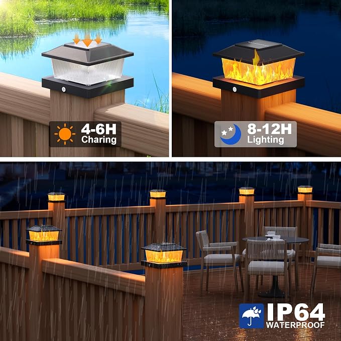 APONUO Solar Post Cap Lights with Flickering Flame & Warm White, 12-Pack for 4x4 Wood/Vinyl Posts, Solar Powered Deck & Fence Lights, Auto On/Off, IP65 Waterproof, Glossy Black