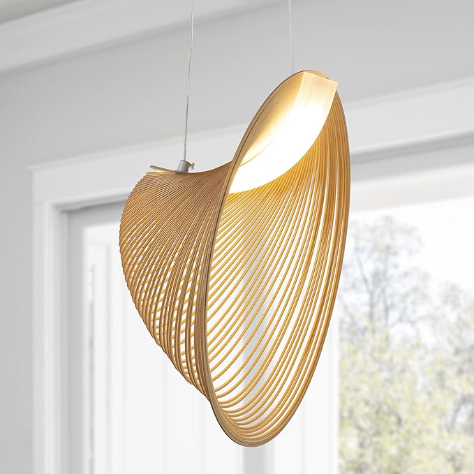 Modern Creative Dynamic Pendant Light, 23.6‘’ Farmhouse Wooden Gravity Spiral Ceiling Mount Hanging Lamp, 20W, 1800LM, Warm White LED Chandelier for Living Room, Dining Room, Cafes, Decor(White)