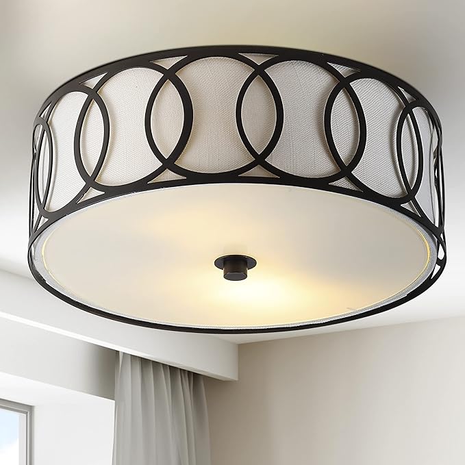 JONATHAN Y 12.25" Oil Rubbed Bronze 2-Light Modern Metal LED Flush Mount Ceiling Light for Bedroom Hallway, White Linen Drum Shade with Geometric Fretwork, LED Bulbs Included (JYL3502C)