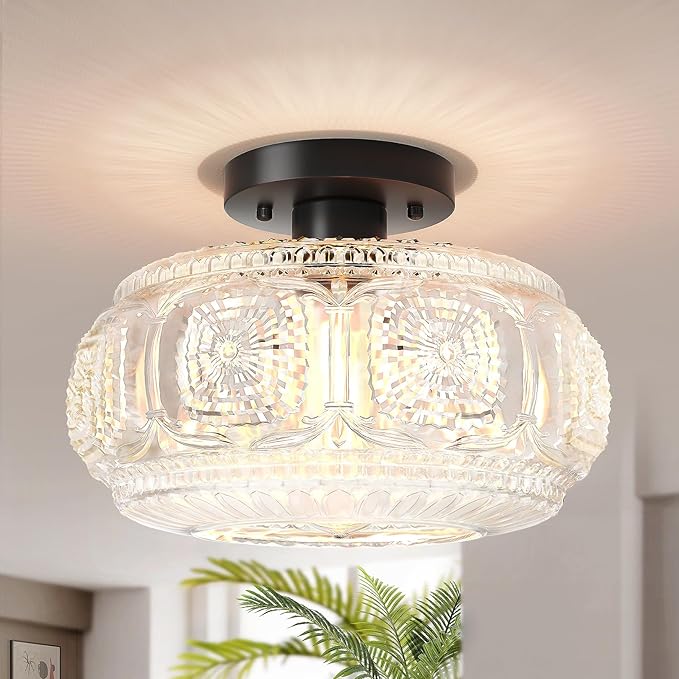 Semi Flush Mount Ceiling Light, Upgraded Larger Black Glass Ceiling Light Fixture, Vintage Lighting for Hallway Kitchen Bedroom Dining Room, Bulb Not Included