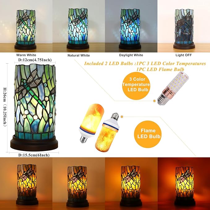 Tiffany Style Table Lamp for Bedroom Baroque Stained Glass Nightstand Bedside Night Lamp Party Light Hand-Made Art Home Deco Christmas Gifts W/ 2 LED Bulbs (3 Color Temperatures+Flame Bulb)