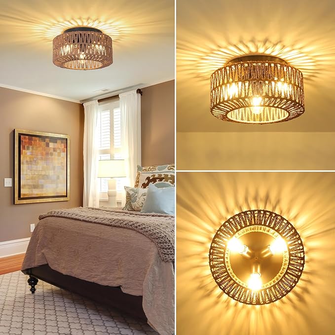 Boho Light Fixture，3-Light Farmhouse Rattan Light Fixtures Ceiling Mount，Flush Mount Ceiling Light with Hand-Woven Shade，Modern Chandelier for Living Bedroom Entryway Kitchen Nursery