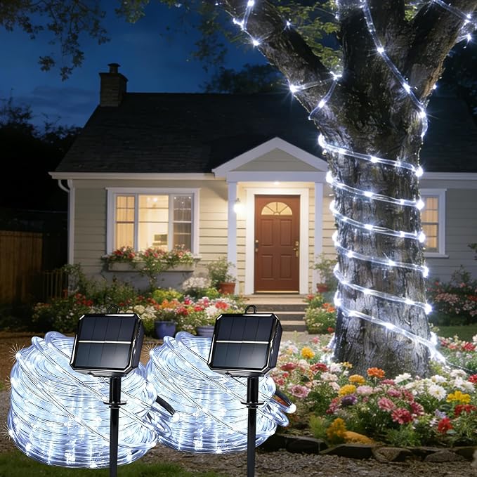 Solar Rope Lights for Outside, 2 Packs Total 132ft 400 LED Solar String Lights with 8 Modes, Waterproof Solar Outdoor Light for Patio Garden Party Tree Porch Pool Holiday Xmas Decor- White