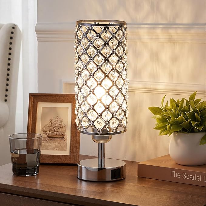 Crystal Table Lamp with USB C+A Charging Ports for Phone&Clock&Headphone, Bedside Lamps with Touch Control, Modern Design Small Lamp for Bedroom, Living Room(Sliver)
