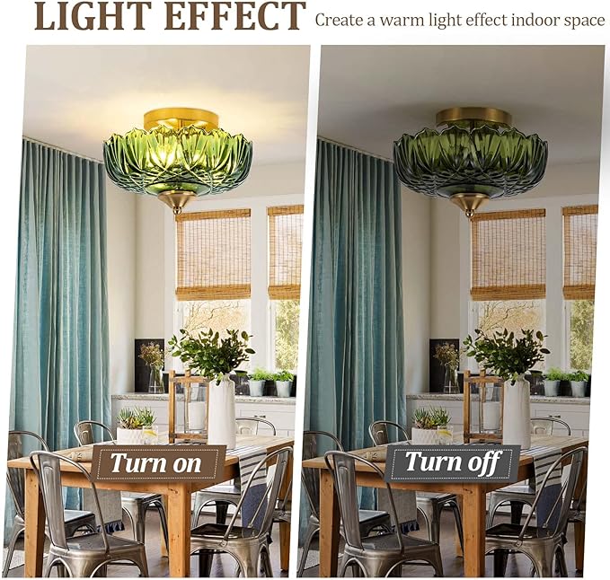 Semi Flush Mount Ceiling Light,Vintage Ceiling Light 9.44 Inch E26 Small Green Glass Ceiling Lighting for Living Room Kitchen Bedroom Hallway 3 Light(Bulb Not Included)