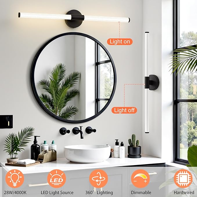 Dimmable LED Bathroom Vanity Lights 360° Full Lighting Bathroom Light Fixtures Over Mirror Vanity Light Bar Modern Wall Sconce 4000K Light for Bedroom Living Room Hardwired Black, 31 inch