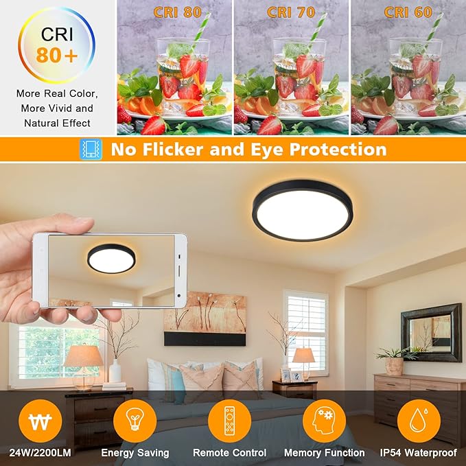 Unicozin Dimmable LED Flush Mount Ceiling Light with Remote Control, Wired 3000K-6000K Color Changing, 12Inch 24W(150W Equiv) 2200LM, Round Flat Ceiling Lamp Black for Bedroom, Living Room, Kitchen