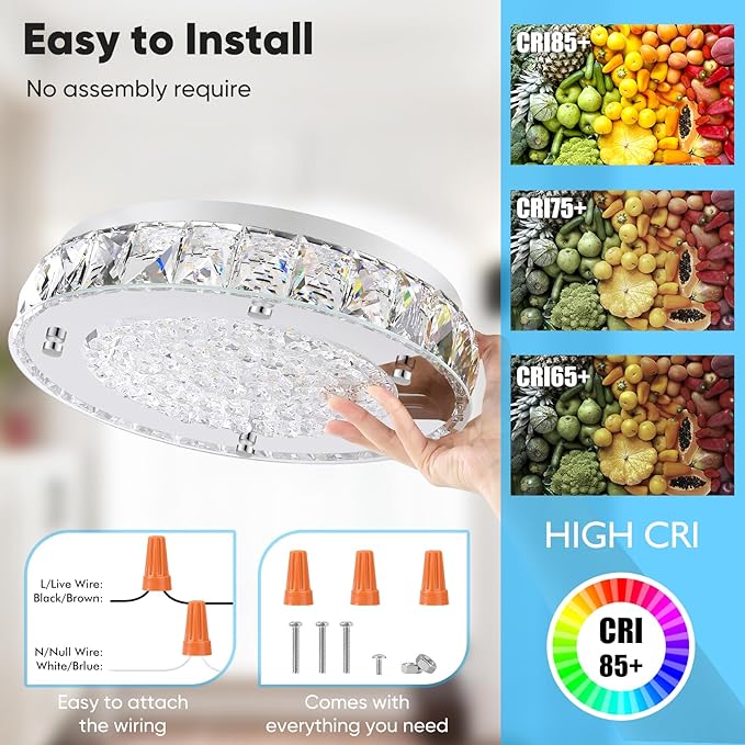 Crystal Flush Mount Chandeliers, LED Ceiling Light Fixture 13-Inch, 5000K Daylight White Super Bright 3300LM Dimmable Farmhouse Kitchen Light Modern Ceiling Lamp for Bedroom Bathroom Nursery