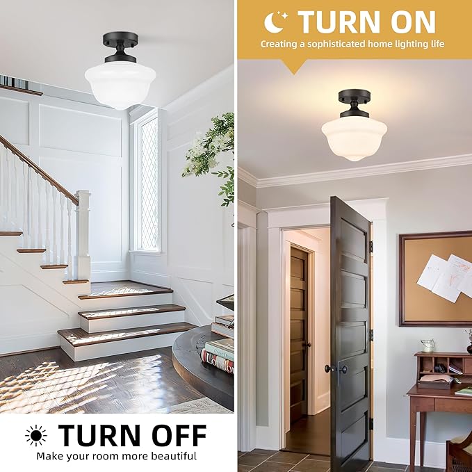 Bagood 10" Black Schoolhouse Light Fixtures Schoolhouse Light Fixtures Ceiling Mid Century Lights Fixture Milk Glass Lights Fixture Semi Flush Mount Ceiling Fixture for Bathroom Kitchen (Bulb Incl)