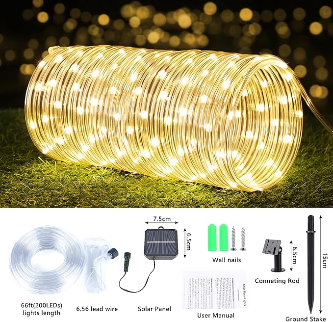 Solar Rope Lights, 2 Packs Total 132ft 400LED Solar String Lights, 8 Modes Waterproof Solar Outdoor Light, Flexible Clear Trampoline Light for Garden Backyard Patio Deck Pool Tree Decor - Warm White