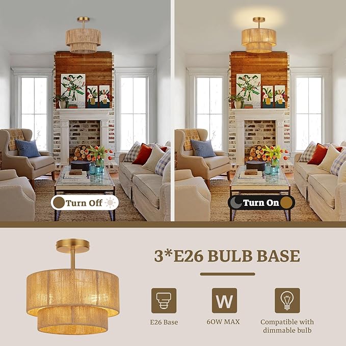 3-Light Boho Light Fixtures Ceiling Mount,12.6'' Rattan Semi Flush Mount Ceiling Light Fixture,Coastal Hemp rope Drum Light Fixtures with 2-Tier Shade, Farmhouse Light Fixture for Bedroom Hallway