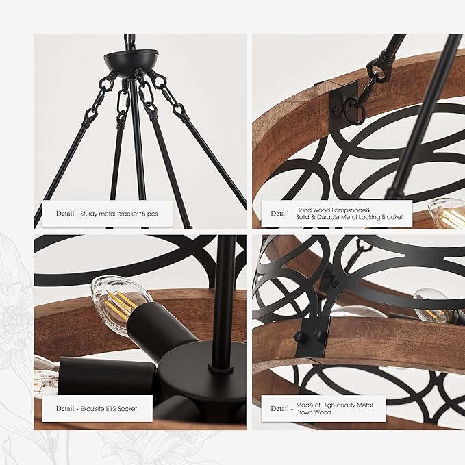 6-Light Farmhouse Drum Wood Pendant Light,19.7'' Vintage Rustic Brown Oak Wood Chandeliers,Retro Industrial Hanging Light Fixtures for Dining Room Entryway, Bedroom