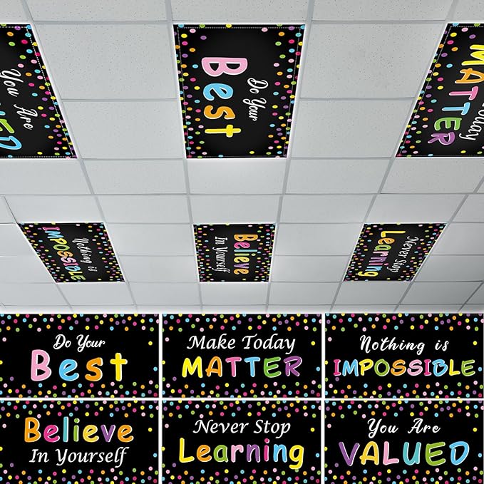6 Pcs Fluorescent Light Covers with 60 Magnets Decorative for Classroom Ceiling Light 4 x 2 Ft Magnetic Light Cover Filter Easy Install for Office Hospitals Home Drop Ceiling Supplies (Black Confetti)