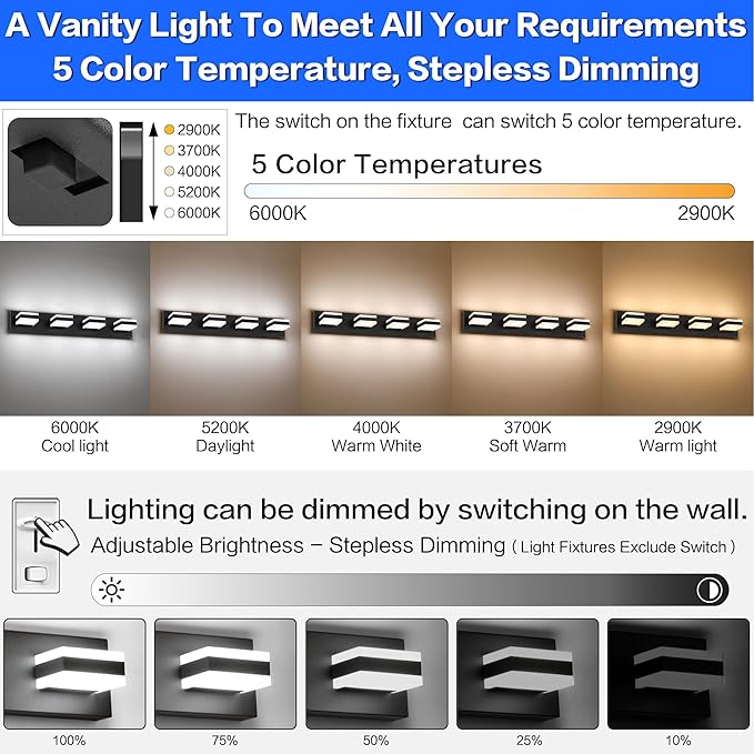 SOLFART Bathroom Vanity Lights, Adjustable Black Matt Black Vanity Light for Bathroom,LED Light Fixtures Over Mirror,5 Color Temperature 4 Lights 5CCT