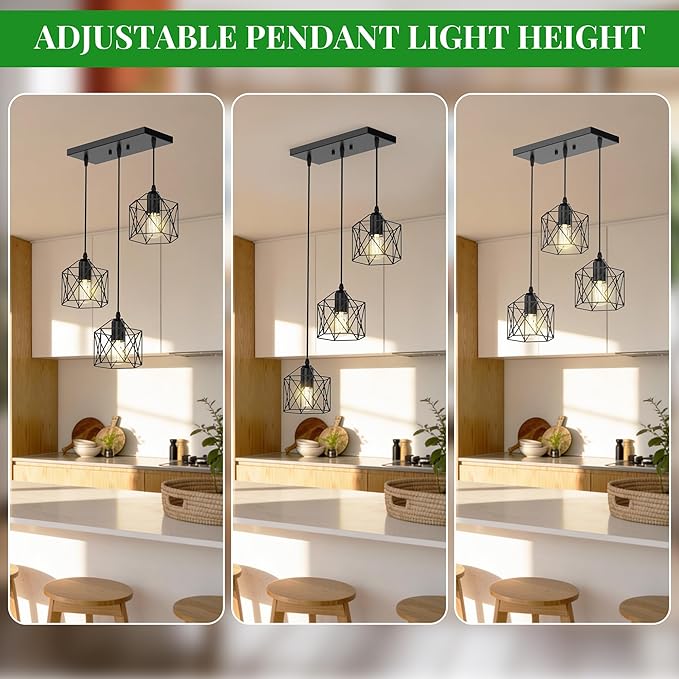 3 Light Pendant Lighting, Farmhouse Hanging Light Fixture for Kitchen Island & Dining Room, Industrial Vintage Ceiling Lamp with E26 Base, Adjustable Height, Matte Black