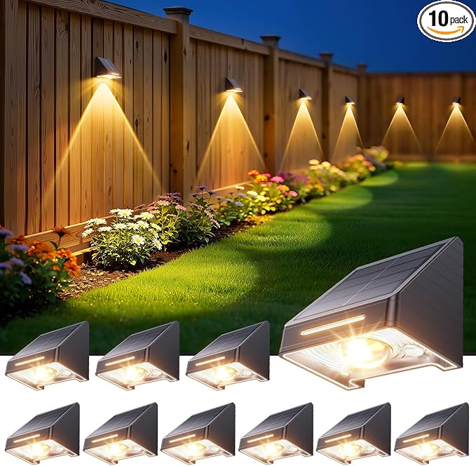 KOOPER Solar Fence Lights Outdoor Waterproof 10 Pack, Solar Fence Lights with Ultra-Bright LED Lens, 10 Modes & 9 Colors Outdoor Solar Lights for Fence, Backyard, Railing, Patio, Wall, Step, Deck