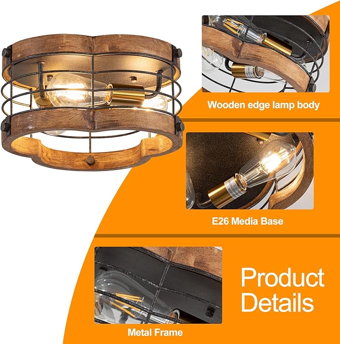 Farmhouse Flush Mount Ceiling Light, 12.2 Inch 3-Light Metal and Wood Close to Ceiling Light Fixture, Rustic Drum Semi Ceiling Light for Kitchen, Dining Room, Living Room, Hallway, Entryway