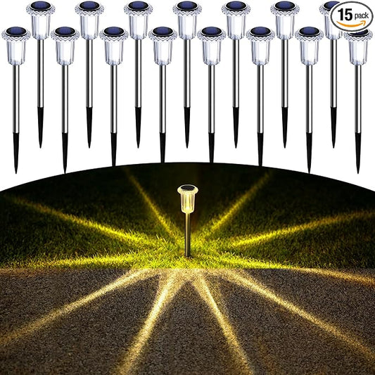 DenicMic Solar Garden Lights Outdoor 15Pack 3000K Warm White LED Waterproof | Backyard Patio Landscape Pathway Garden Decor for Outside Diamond-like Style Starburst Light Pattern, Acrylic/Stainless Steel