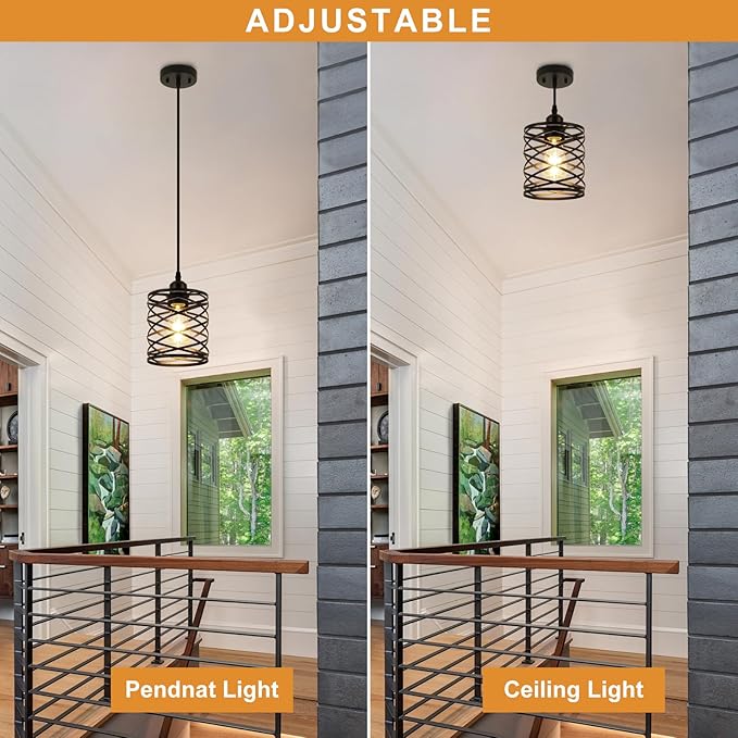 WILON Farmhouse Pendant Lights for Kitchen Island,5.9'' Spiral Cage Pendant Lights,Adjustable Black Industrial Pendant Light Fixtures Retro Lighting for Kitchen Island, Living Room, Bedroom (1-Light)