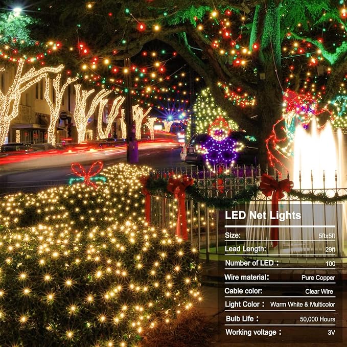 echosari Christmas Net Lights Battery Operated, Dual Color Changing 100 LED Bush Net Lights 5Ft x 5Ft Mesh Light with Remote for Wedding Garden Backyard Decor (Warm White & Multicolor)