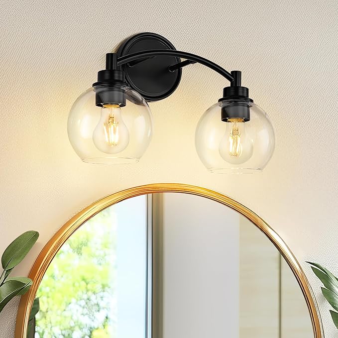 2-Light Vanity Light Fixture Over Mirror,Globe Bathroom Light with Clear Glass,Modern Black Wall Sconce,ZCVL02BK-2