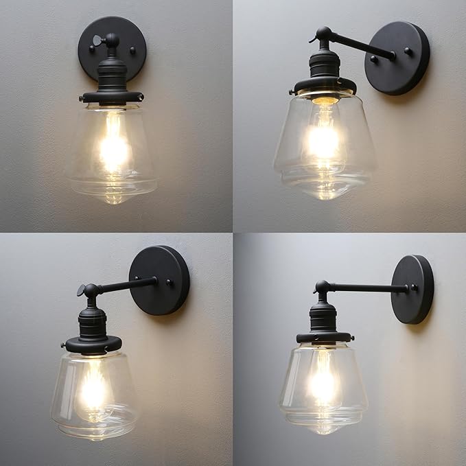 Phansthy Wall Sconces Light Fixture Industrial Wall Lamp, 180 Degree Adjustable Bathroom Vanity Light, Wall Light with Glass Shade Wall Decorative Lighting for Kitchen Living Room Hallway (Black)