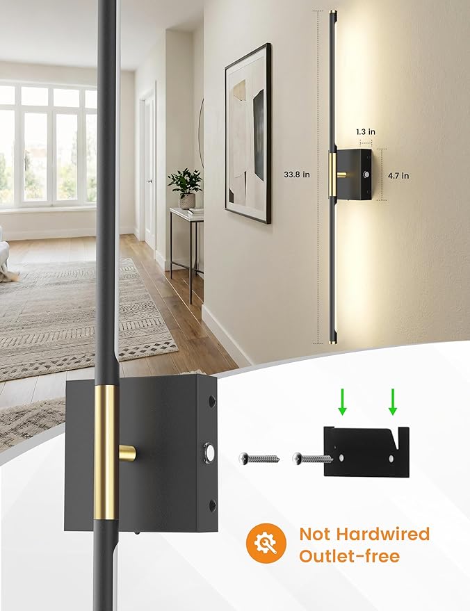 7800mAh Battery Operated Wall Sconces Set of Two, 34'' Rechargeable Wall Sconces with Remote, 360° Rotatable Battery Wall Sconce Decor, Wireless Wall Lights for Bedroom, Living Room(Black Gold)