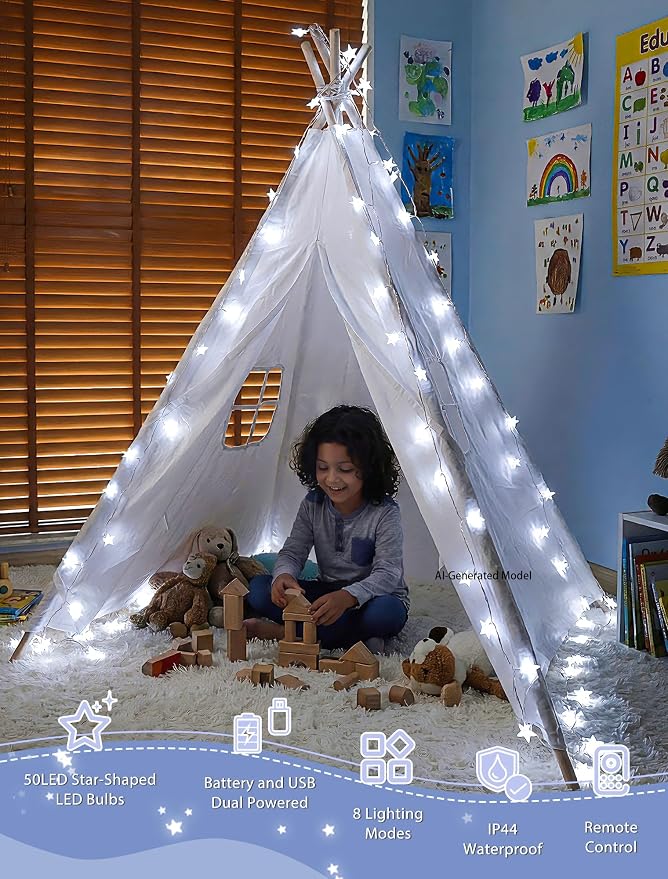Star String Lights Battery&USB Powered,19FT 50LED Star Fairy Lights with Remote, Hanging Star Lights for Home, Kids Tent, Bedroom,Porch, Classroom, Christmas,Party,Room Decor,White