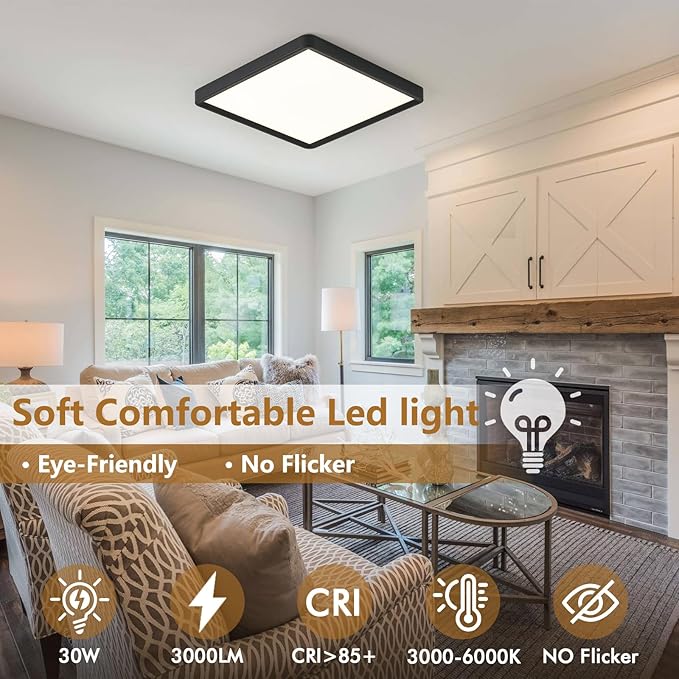 12 Inch Square LED Flush Mount Ceiling Light, 30W, 3000LM Square Light Fixture 3000K/4000K/6000K CCT Selectable, LED Flat Panel Ceiling Light Fixture for Bedroom,Kitchen,Living Room (2PK-Black)