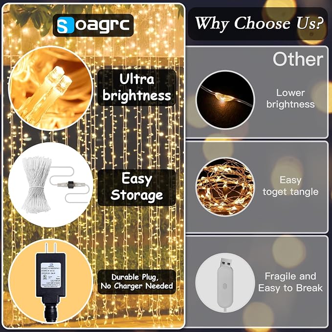 300 LED Warm White Curtain String Lights 9.8x9.8FT, Plug in Fairy Lights with 9 Hooks, Dimmable, Timer & 8 Modes, IP44 Waterproof, Bedroom Wall Wedding Backdrop Christmas Indoor Outdoor Decor