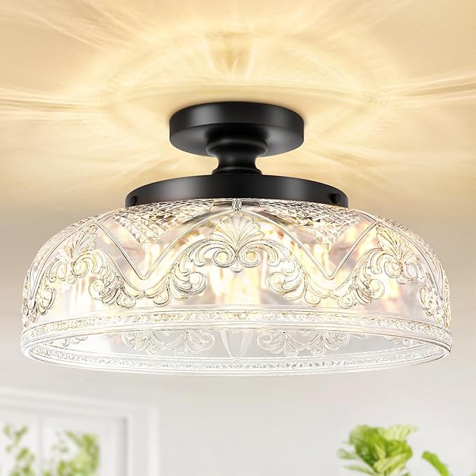 Semi Flush Mount Ceiling Light, 12 Inch Large Black Ceiling Light Fixture, 3-Light Globe Glass Industrial Kitchen Lighting Fixtures for Bathroom, Hallway, Dining Room (Bulb Not Included)