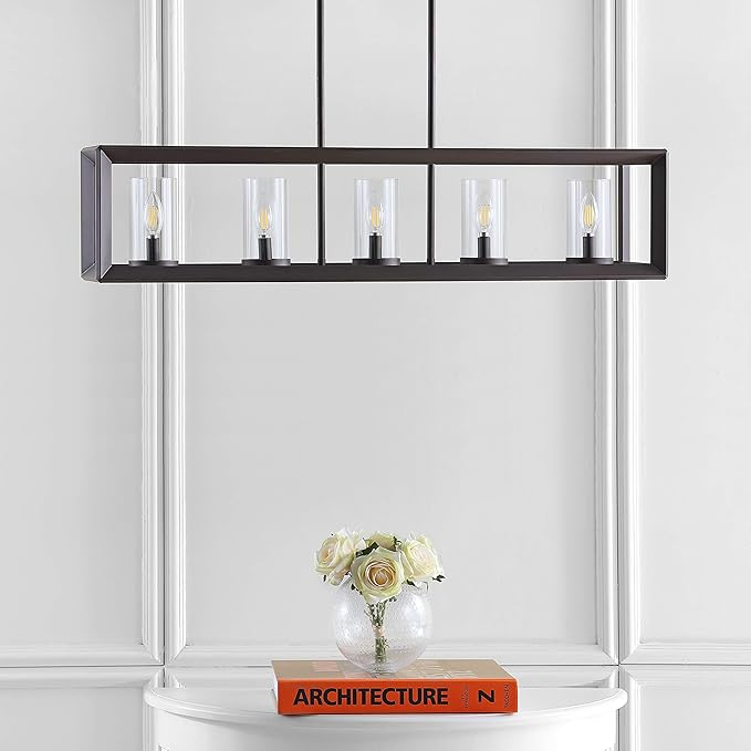 JONATHAN Y 38.5" Oil Rubbed Bronze Linear 5-Light LED Chandelier, Adjustable Clear Glass Shades Modern Pendant Light Fixture for Kitchen Island, Dining Room, ETL Listed JYL7414A