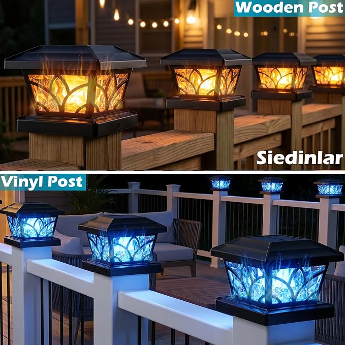 SIEDiNLAR Flickering Flame Solar Post Cap Lights 4 Modes 4 Pack, Upgrade Model for 4x4 5x5 6x6 Wood & Vinyl Posts, Waterproof Outdoor Fence Deck Patio Decor, Warm White/Blue Light (Black)