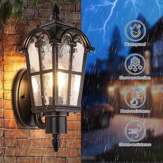 Sucolite Outdoor Wall Light Fixtures, Black & Gold Exterior Waterproof Porch Lights, Vintage Outside Wall Sconces with Water Ripple Glass for House Front Door Garage, 2 Pack