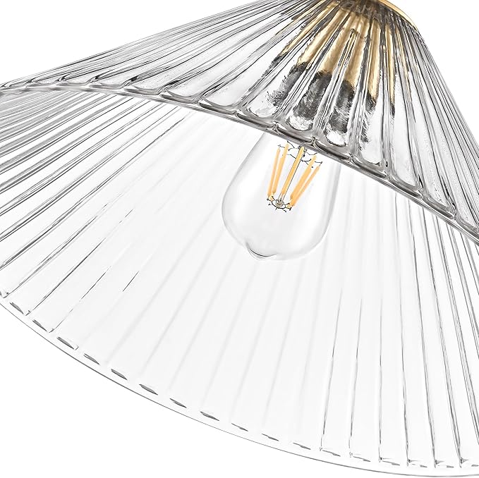 15.7 Inch Modern Pendant Lights, Ribbed Clear Glass 1-Light Single Pendant Lighting Fixtures, Cone Minimalist Ceiling Hanging Light for Kitchen Island Dining Room Over Sink Table Hallway